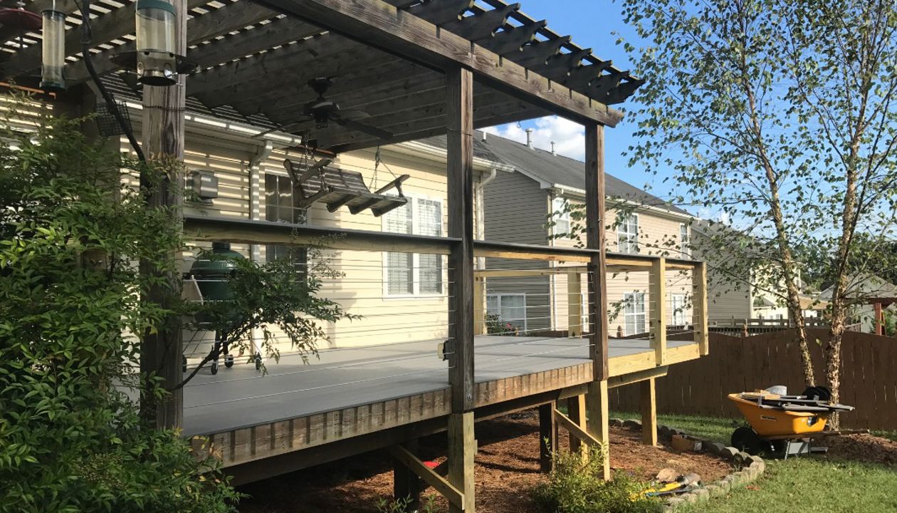 Trex Select Pebble Grey deck is a great place for morning coffee and breakfast