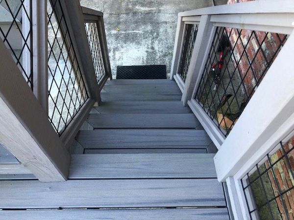 Trex Enhance Naturals Rocky Harbor stairs good great with these mesh railings