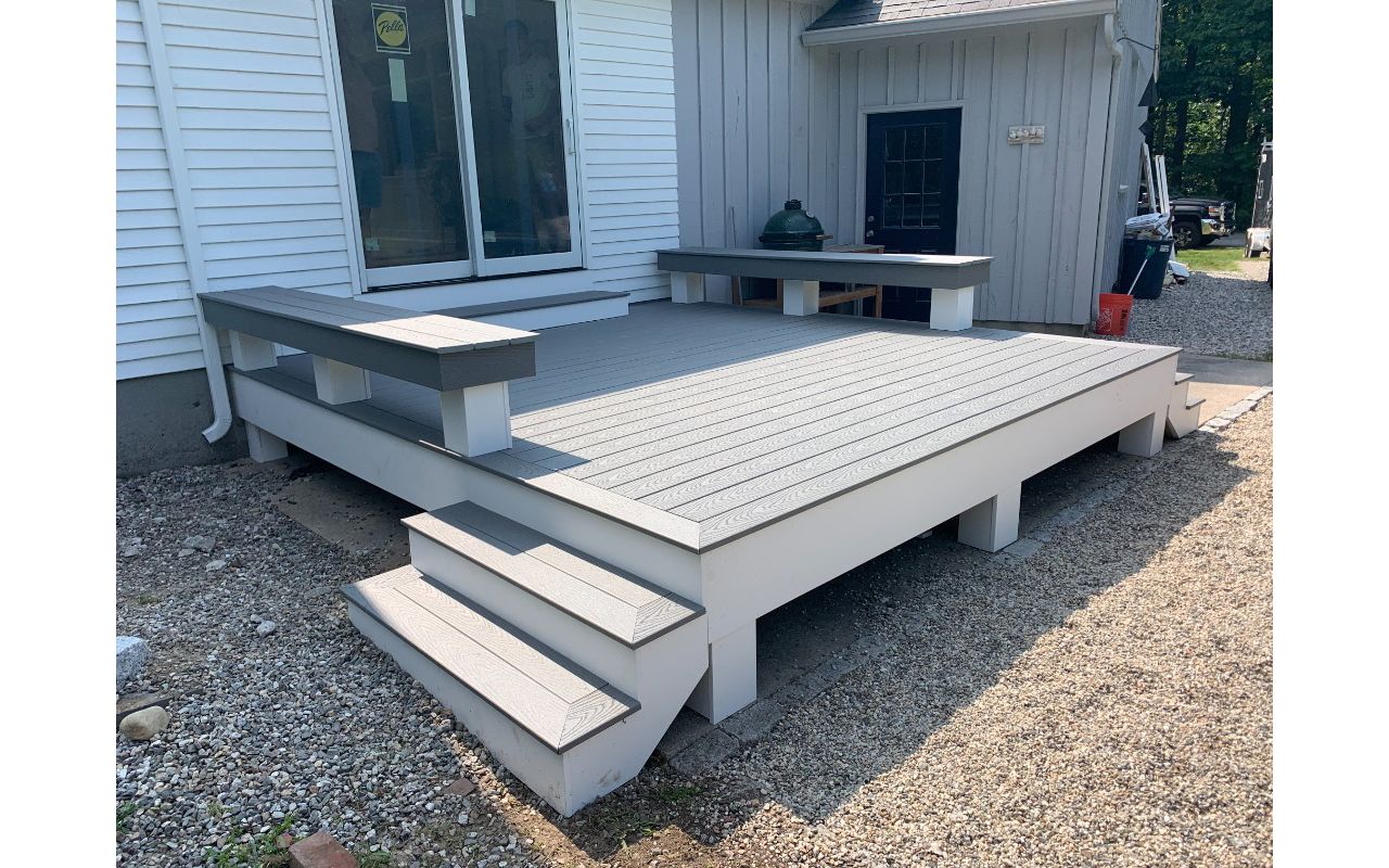 Pebble Grey decking with Pebble Grey benches