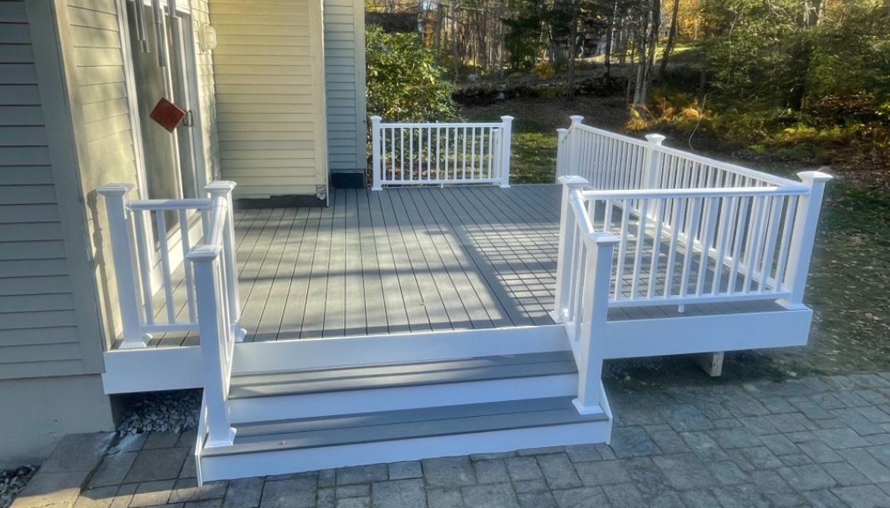 Trex select pebble grey decking, vinyl rail