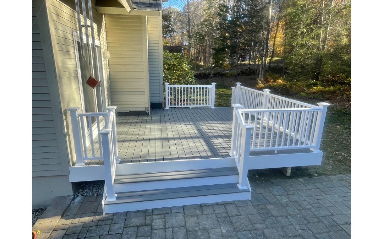 Trex select pebble grey decking, vinyl rail