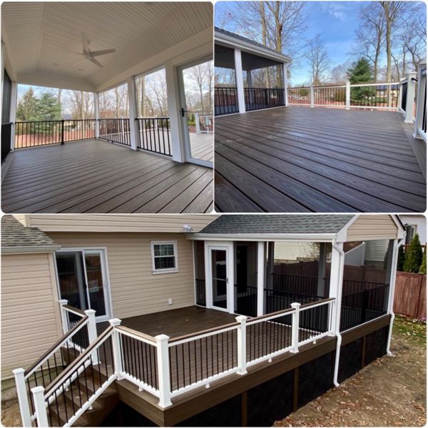 Trex Transcend Spiced Rum decking with Transcend railing and also Signature railing with a covered screened in roof for outdoor living