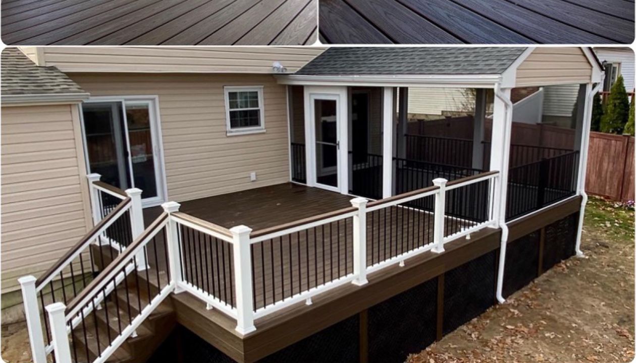 Trex Transcend Spiced Rum decking with Transcend railing and also Signature railing with a covered screened in roof for outdoor living