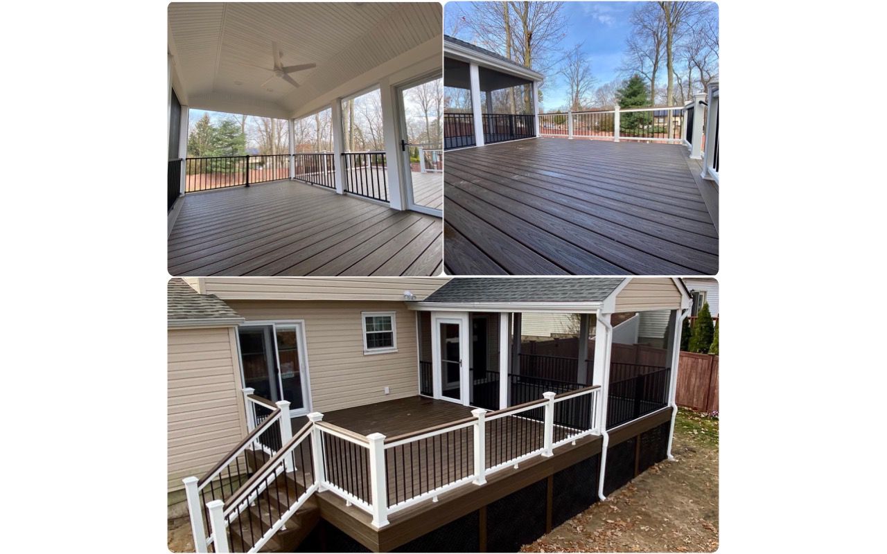 Trex Transcend Spiced Rum decking with Transcend railing and also Signature railing with a covered screened in roof for outdoor living