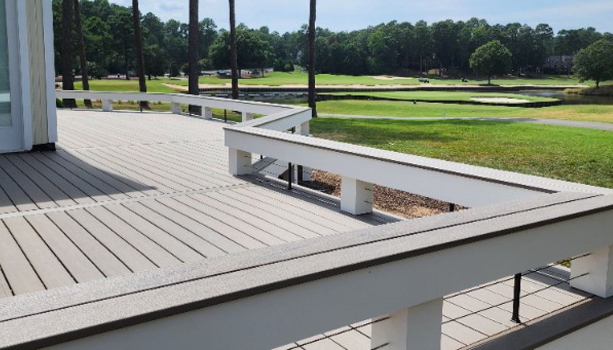 Trex Transcend Linage Biscayne With Custom Wrap-Around Benches and White PVC Fascia, Cary NC