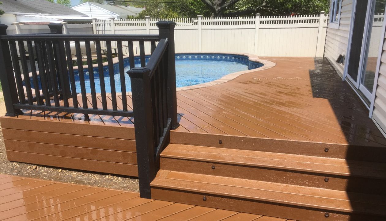 poolside deck with black Transcends railings