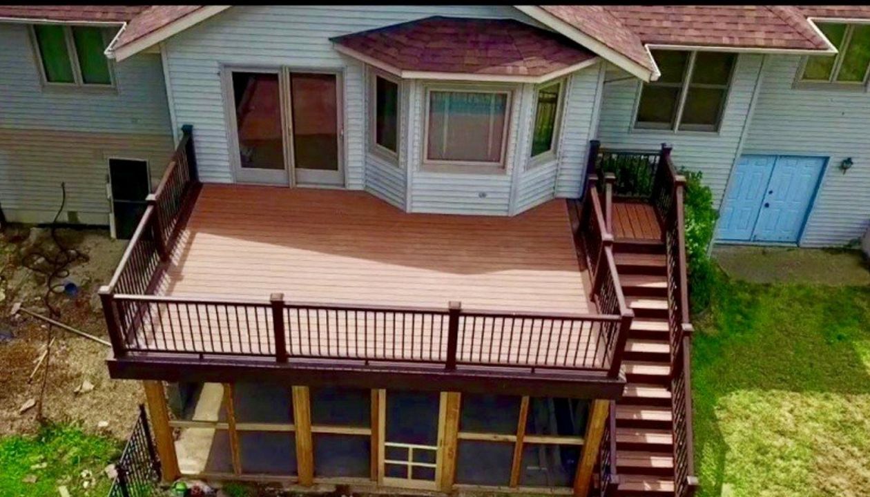 Trex deck with Rain escape and screen room below in Indianapolis