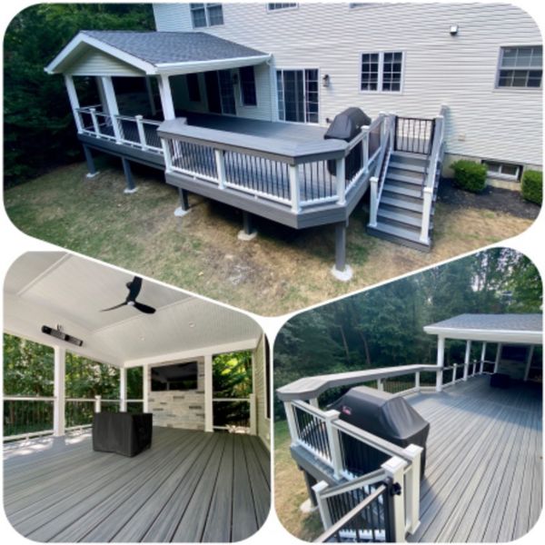 Trex Transcend Island Mist decking with Trex railing and a outdoor living space.
