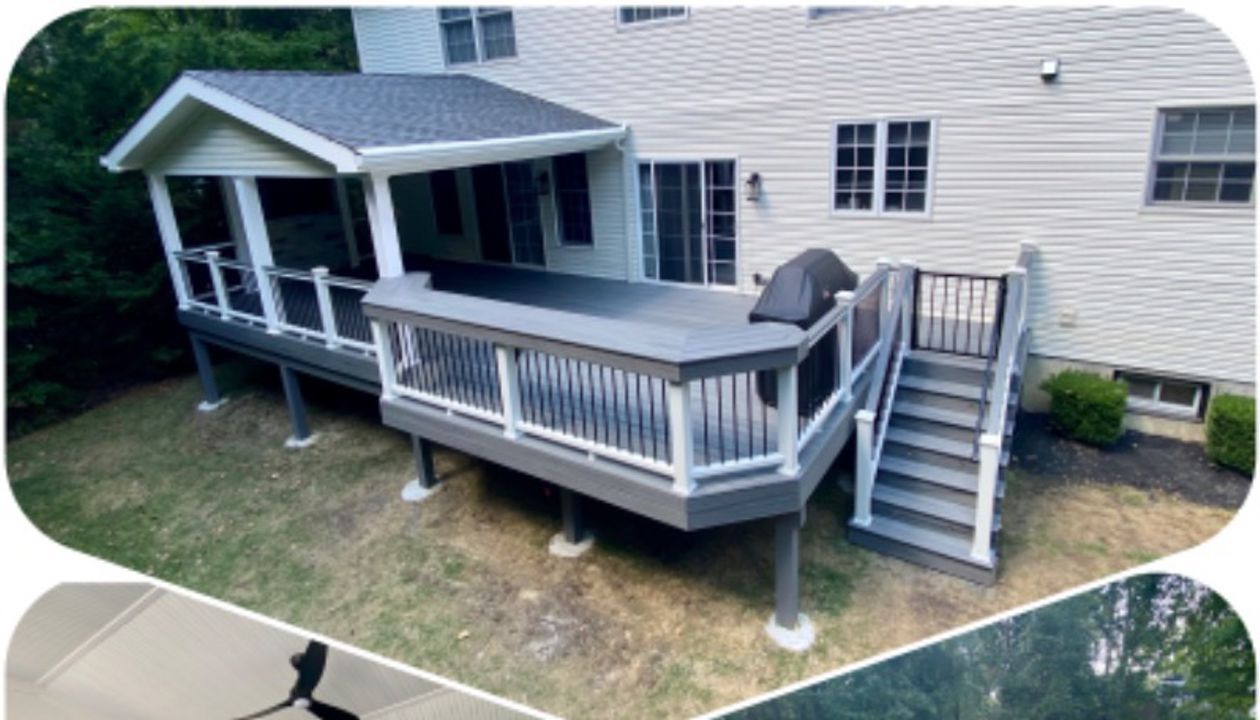 Trex Transcend Island Mist decking with Trex railing and a outdoor living space.