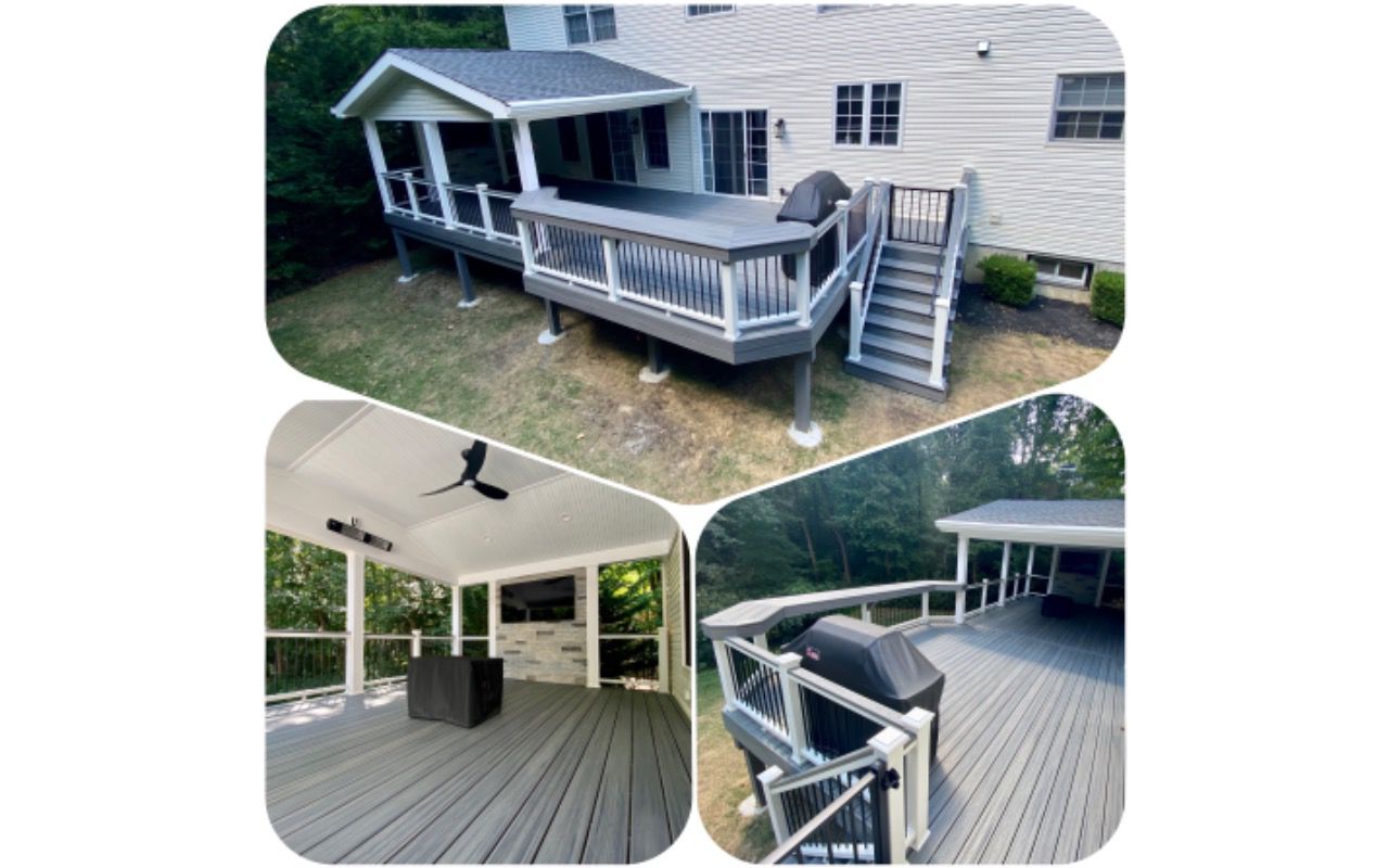 Trex Transcend Island Mist decking with Trex railing and a outdoor living space.