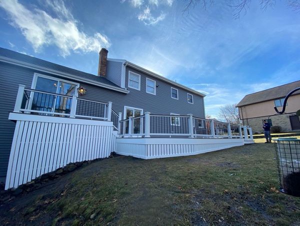 Amazing 600 Square Foot Outdoor Living Space, Trex Select Saddle Decking with Trex Select Railings with Cocktail Rails, in Wakefield, MA