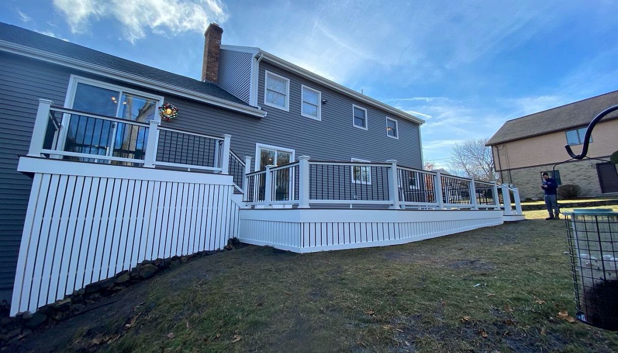 Amazing 600 Square Foot Outdoor Living Space, Trex Select Saddle Decking with Trex Select Railings with Cocktail Rails, in Wakefield, MA