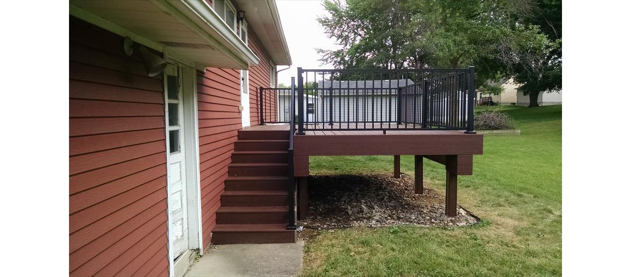 Deck color-Fire Pit, Transcend, Classic Earth Tone.   Rails-Trex Reveal Aluminum, color charcoal black.