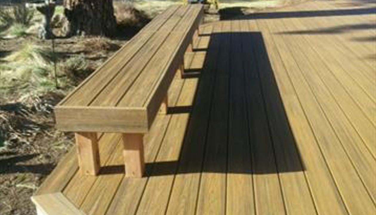 Sisters, Oregon Trex Transcend Havana Gold deck and benches.