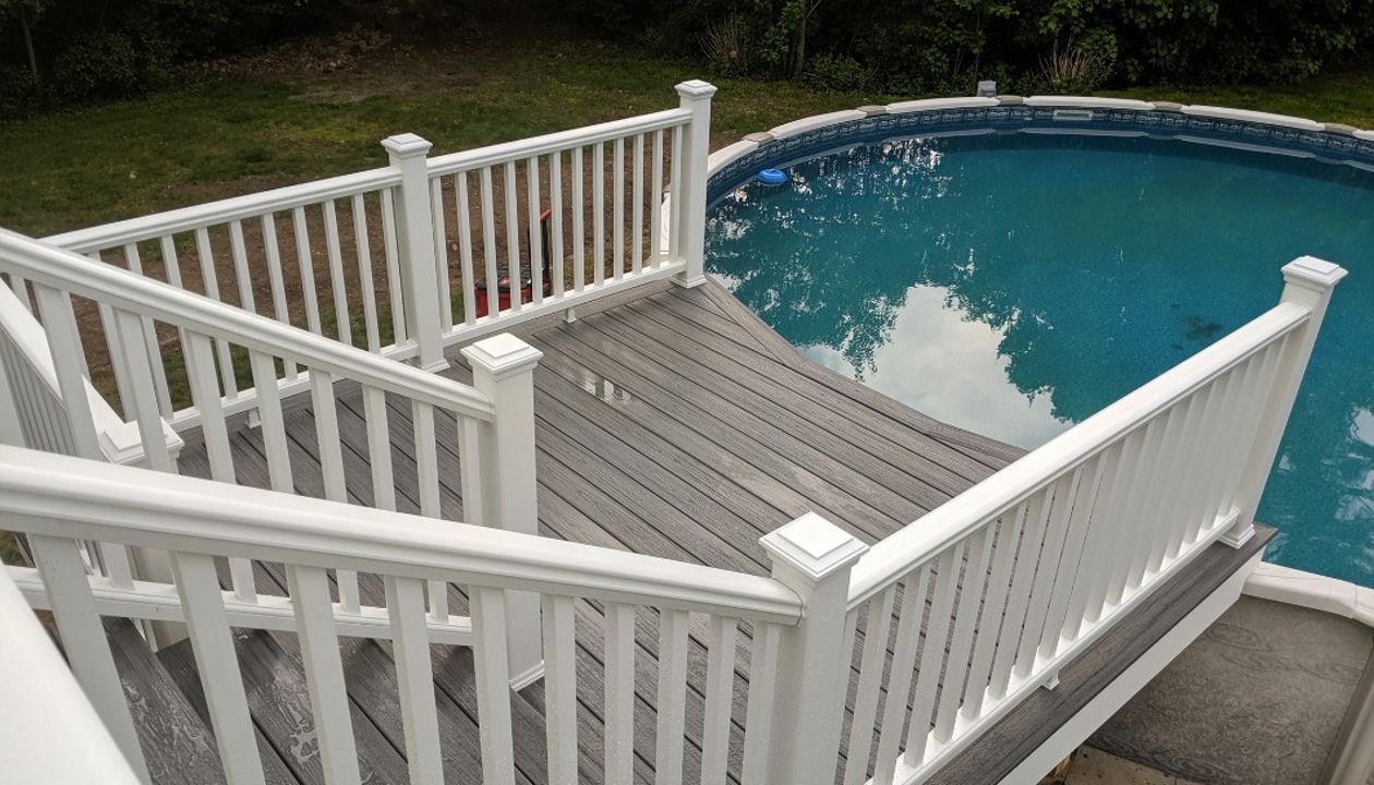 Trex Island Mist with white Transcend railings.