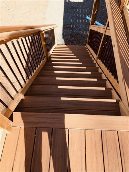 Trex Transcend Havana Gold Stair Treads, Cocktail Railing, PT Posts & Aluminum Black Balusters