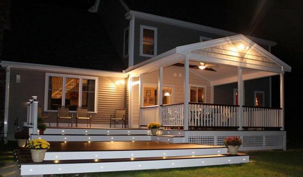 Shirley, MA Professional Building Services Covered Porch and Cascading Stairs with Trex Riser Lighting