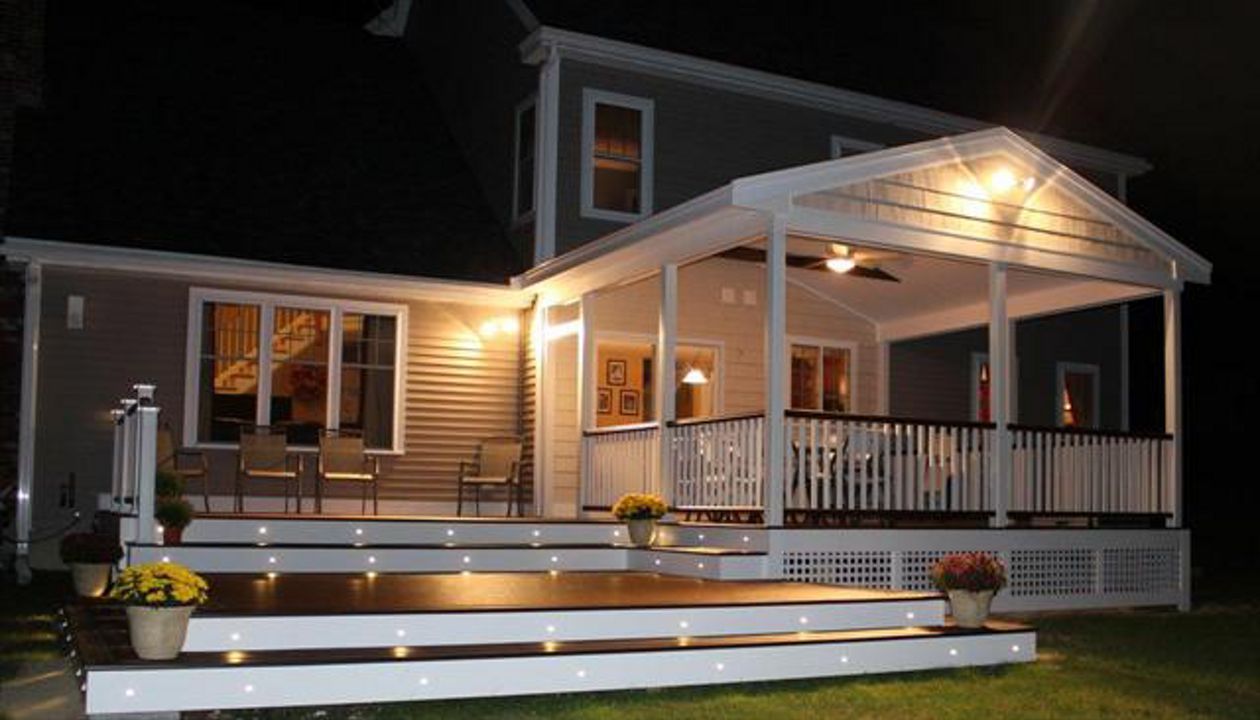 Shirley, MA Professional Building Services Covered Porch and Cascading Stairs with Trex Riser Lighting