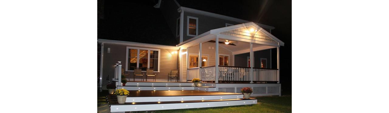 Shirley, MA Professional Building Services Covered Porch and Cascading Stairs with Trex Riser Lighting