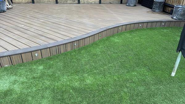 Back home in milton kreynes we have a trex Havana gold deck with a spiced rum boarder forming a custom curve design and lighting by jjh, Havana gold is a stunning colour but unfortunately not available in the uk at the moment as it was a special order,