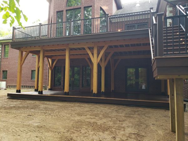 Trex Transcend Lava rock w/ Vermont Timber frame substructure and Trex Rainescapes.