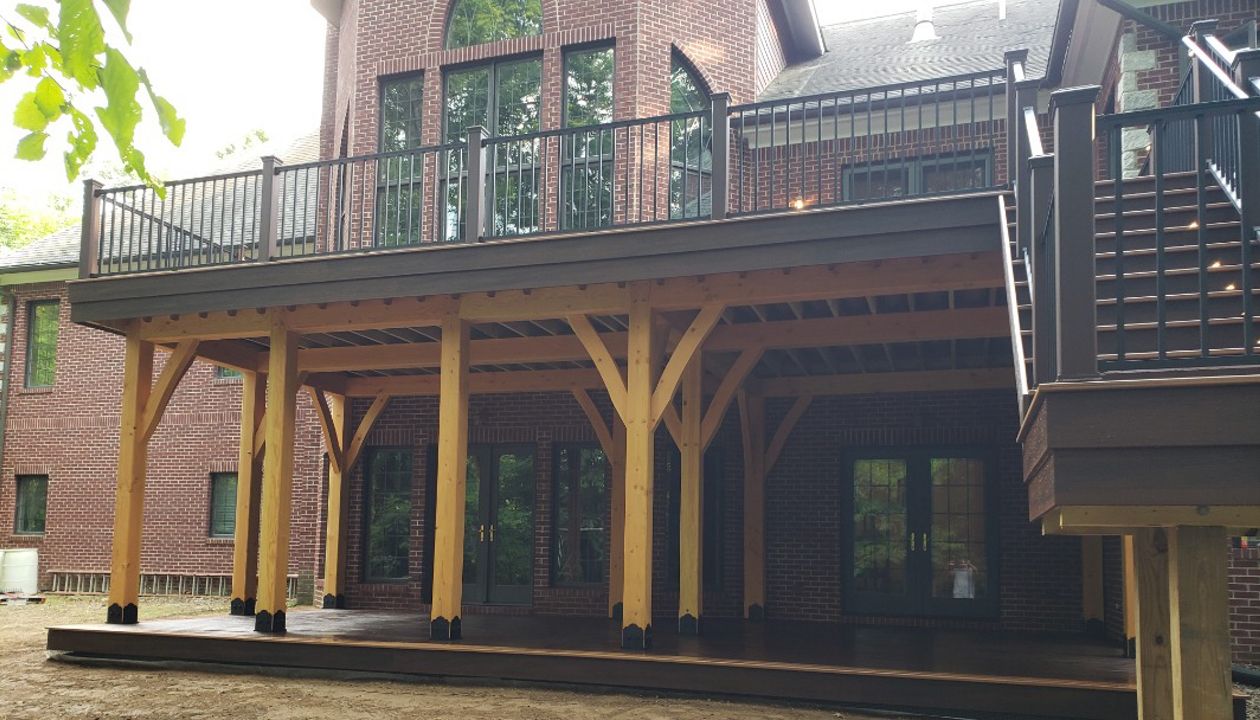 Trex Transcend Lava rock w/ Vermont Timber frame substructure and Trex Rainescapes.