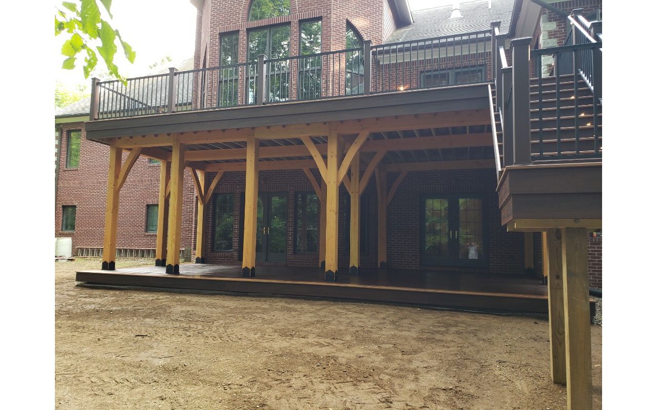 Trex Transcend Lava rock w/ Vermont Timber frame substructure and Trex Rainescapes.