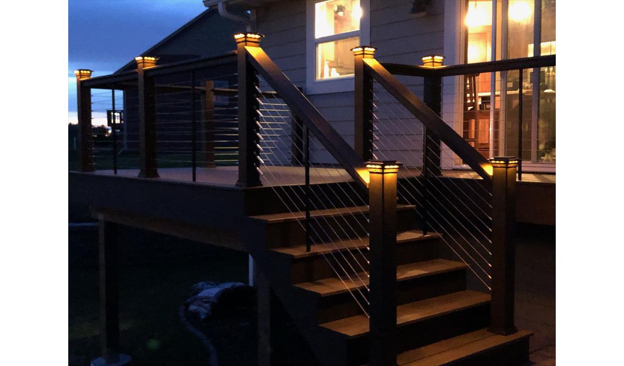 Trex Transcend Tropics Tiki Torch deck boards with Transcend Vintage Lantern Rails, fascia serving the Twin Cites, Post cap lights, deck lighting, picture frame, drink rail, hidden fasteners, Hastings, Woodbury, Egan, Edina, Minneapolis, Lake of the Isles