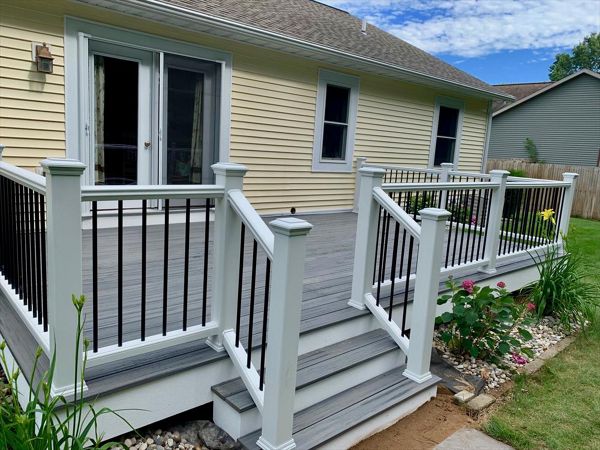 Trex Transcend railing and Island Mist decking.  Custom deck builder in Spring Lake, MI.