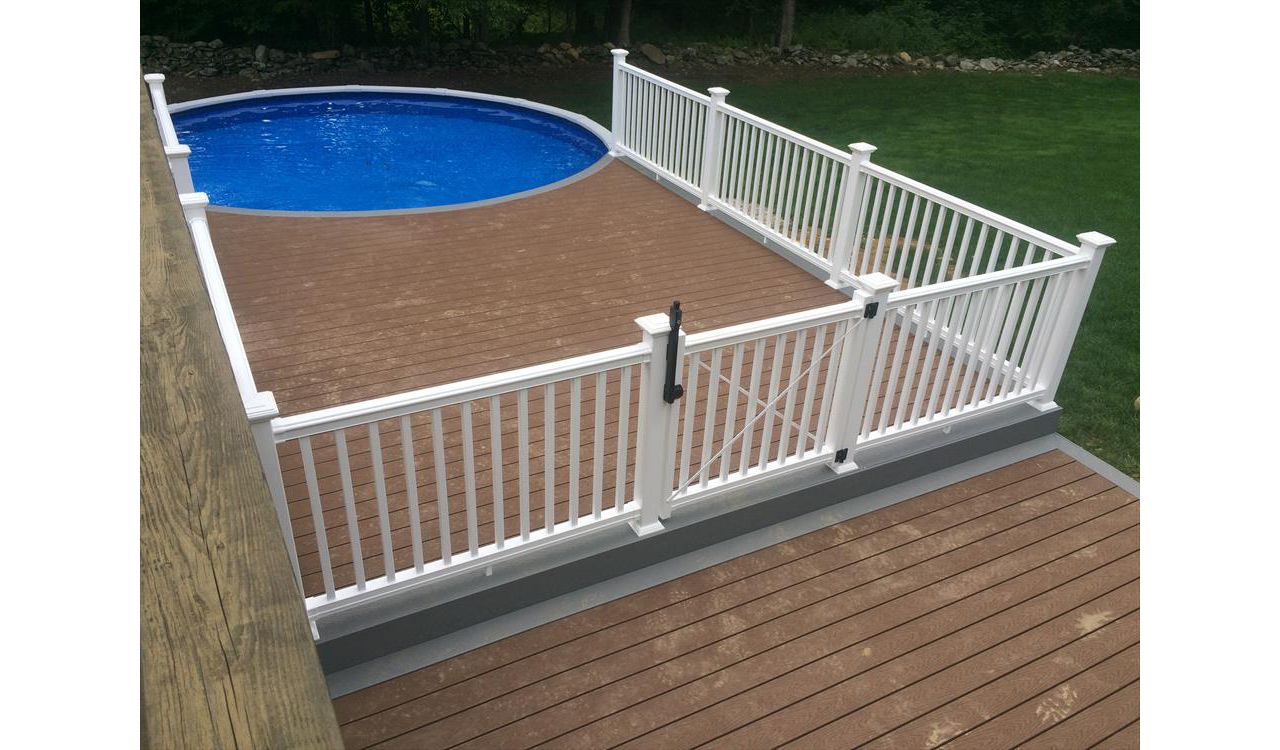 select saddle decking with pebble grey border, fascia and risers. vinyl rail