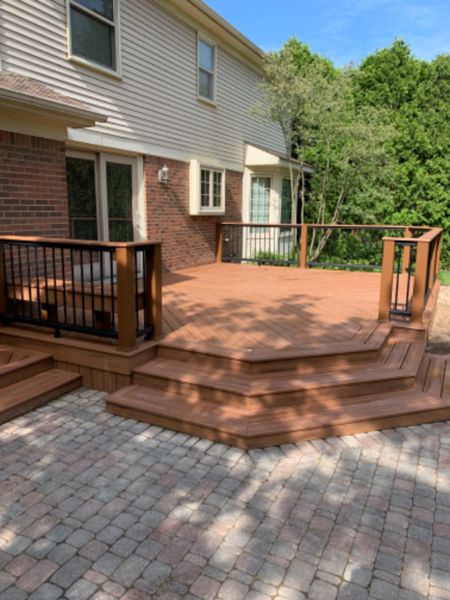 Trex Tiki Torch decking.  Tree house post sleeve, Black transcend railing.  tiki torch cocktail rail, plymouth michigan,  wright way contractors