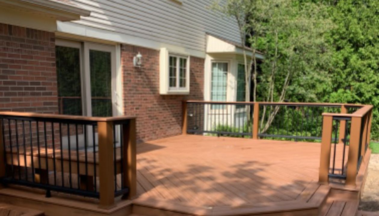 Trex Tiki Torch decking.  Tree house post sleeve, Black transcend railing.  tiki torch cocktail rail, plymouth michigan,  wright way contractors