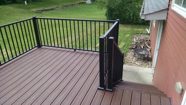 Deck color-Fire Pit, Transcend, Classic Earth Tone.   Rails-Trex Reveal Aluminum, color charcoal black.