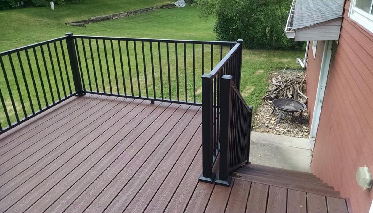 Deck color-Fire Pit, Transcend, Classic Earth Tone.   Rails-Trex Reveal Aluminum, color charcoal black.