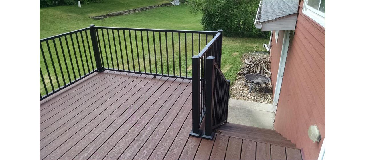 Deck color-Fire Pit, Transcend, Classic Earth Tone.   Rails-Trex Reveal Aluminum, color charcoal black.