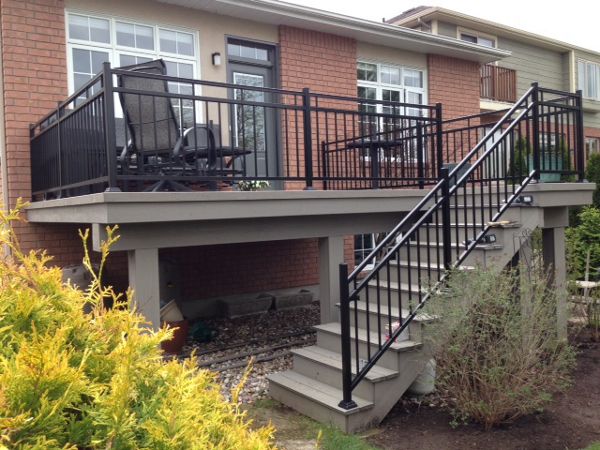 Gravel Path; open stringer stair, Black Aluminum Railing