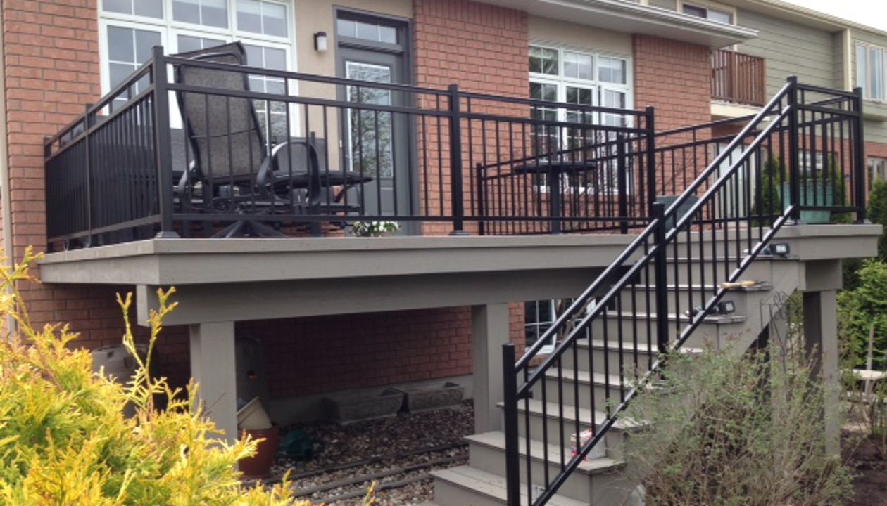 Gravel Path; open stringer stair, Black Aluminum Railing
