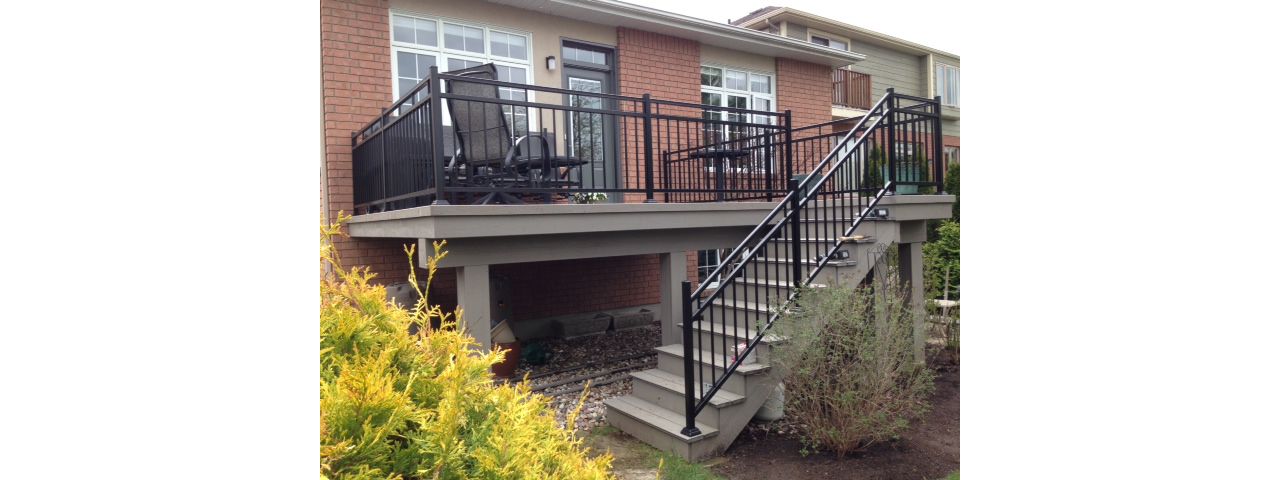 Gravel Path; open stringer stair, Black Aluminum Railing