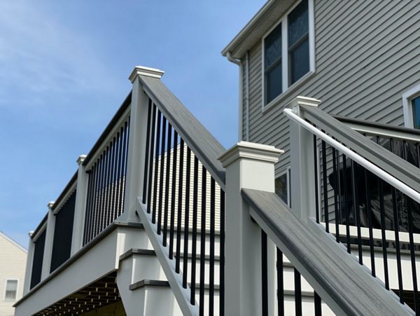 Great Second Story 12x20 Deck Space, Trex Transcend Island Mist Decking with Trex Select Railings and Cocktail Rails, in Peabody, MA