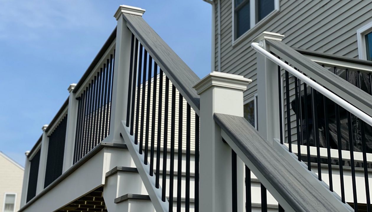 Great Second Story 12x20 Deck Space, Trex Transcend Island Mist Decking with Trex Select Railings and Cocktail Rails, in Peabody, MA