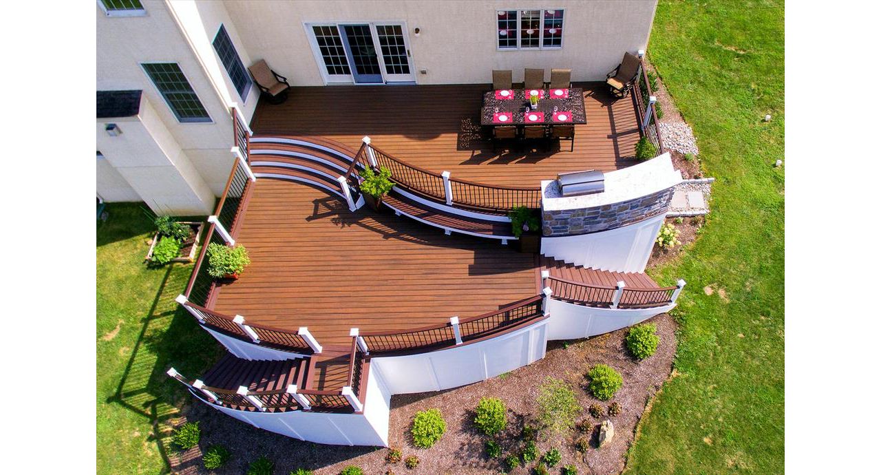 Trex Transcend Spiced Rum and Lava Rock deck with custom benches.
