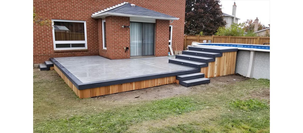 Grey Composite Decking using Select Pebble Grey with Winchester Grey trim - Orangeville, Caledon, Alliston, Bolton