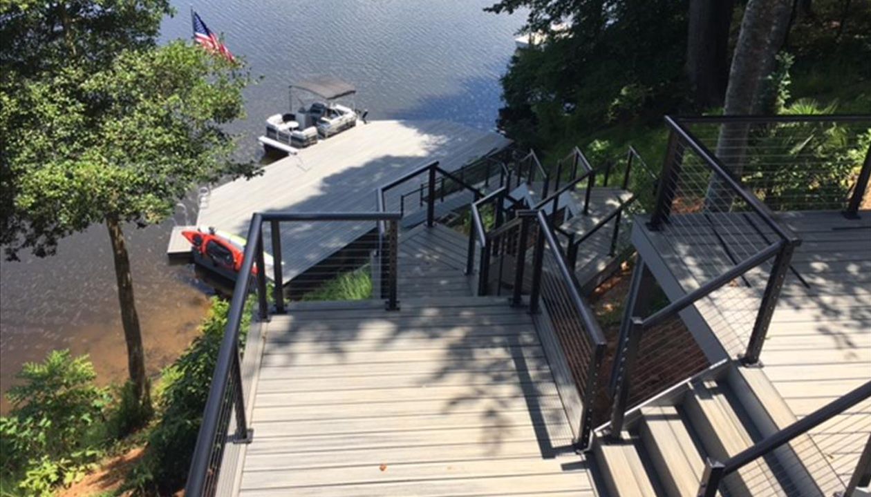 Beautiful Trex Transcend Island Mist deck on Lake Lochmere in Cary, NC
