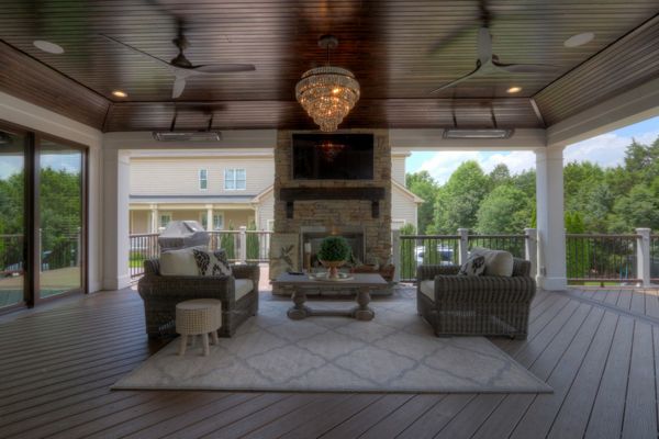Trex Transcends Open Porch, Tray Ceiling, Outdoor Fireplace