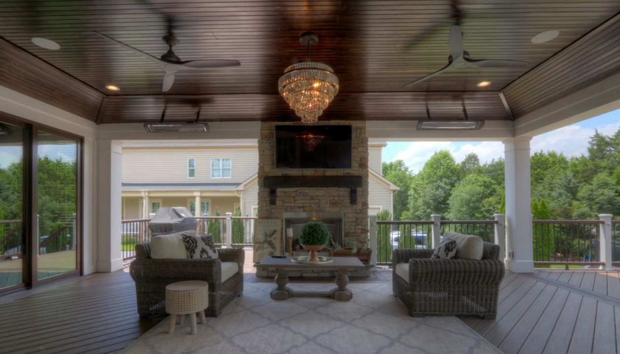 Trex Transcends Open Porch, Tray Ceiling, Outdoor Fireplace