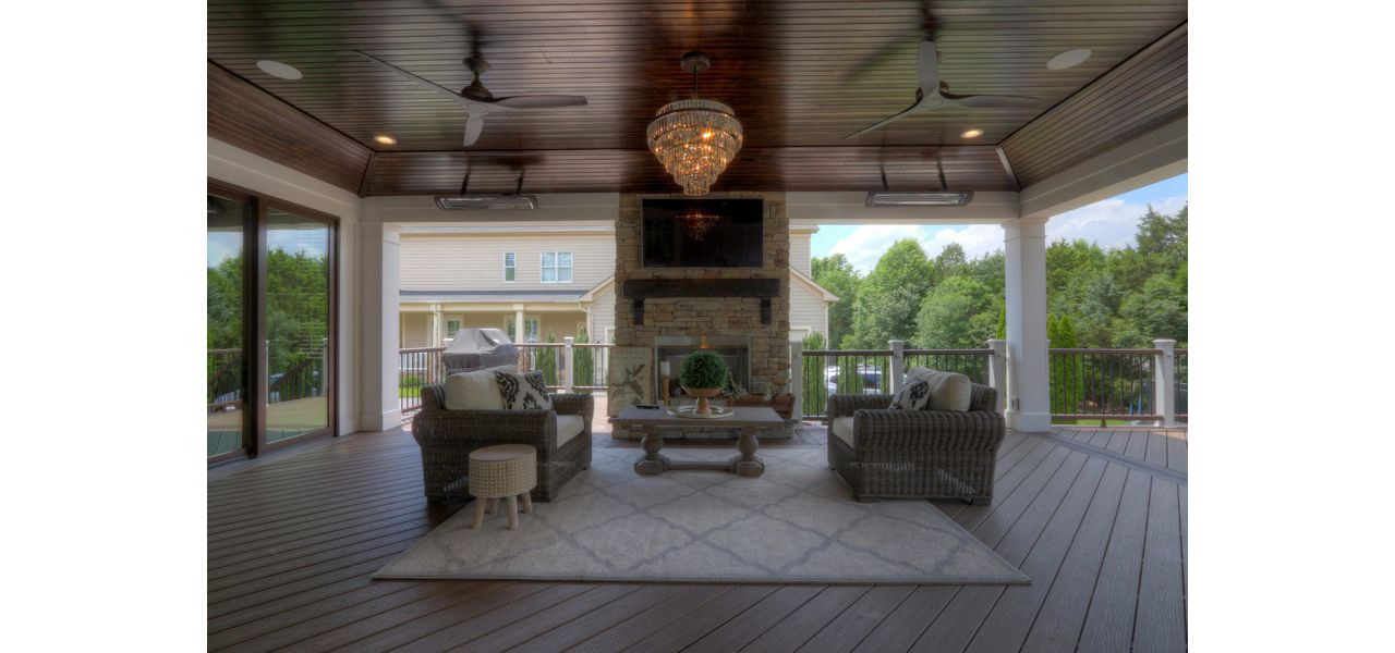 Trex Transcends Open Porch, Tray Ceiling, Outdoor Fireplace