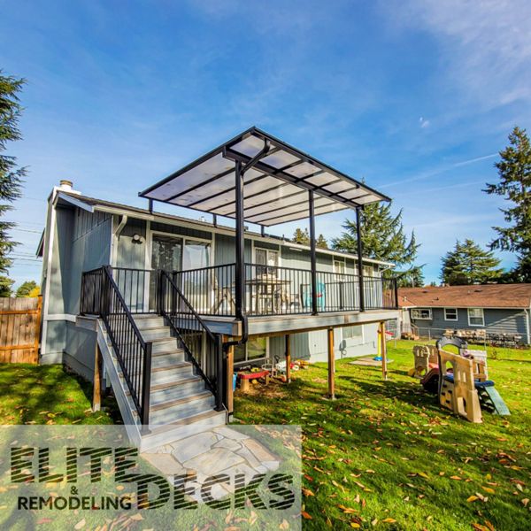 Trex Signature Railing and Gate. Trex Foggy Warf. American Patio Covers PWT Engineered Frame