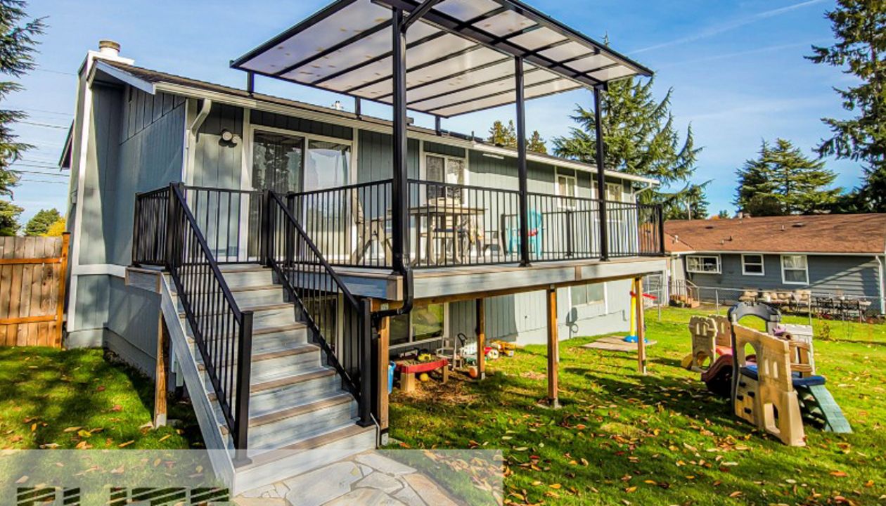 Trex Signature Railing and Gate. Trex Foggy Warf. American Patio Covers PWT Engineered Frame