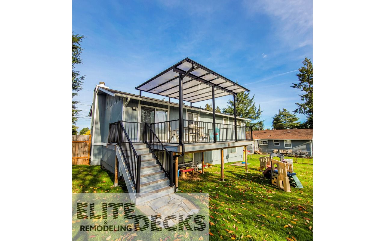 Trex Signature Railing and Gate. Trex Foggy Warf. American Patio Covers PWT Engineered Frame
