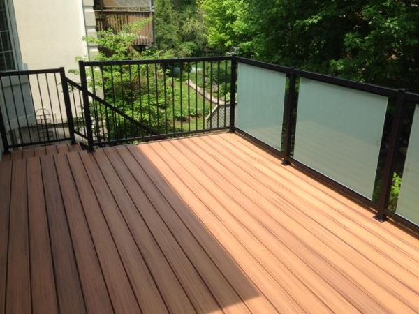 Tiki Torch; Black Aluminum Railing; Privacy Tempered Glass